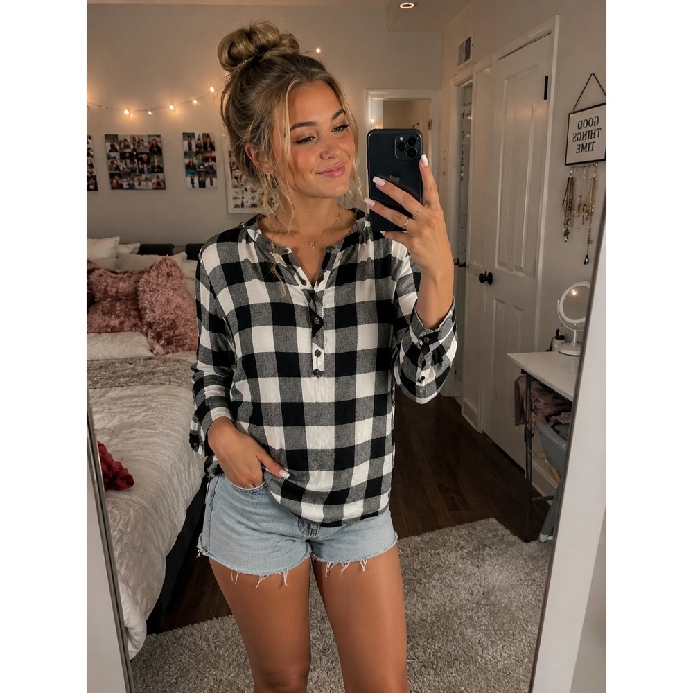 Universal Thread Plaid Tunic Womens Medium Black White Excellent Henley‎ Top